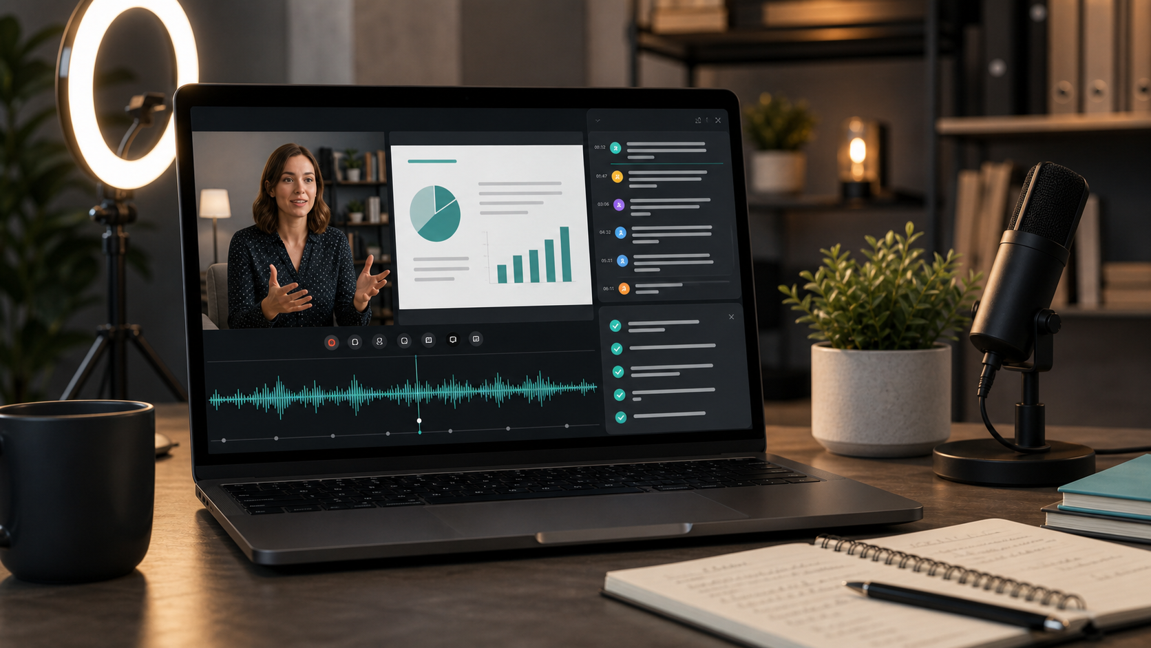 Webinar transcription setup with slides, transcript, and notes